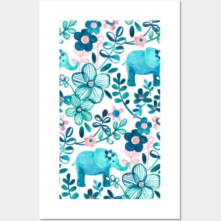 Dusty Pink, White and Teal Elephant and Floral Watercolor Pattern Posters and Art